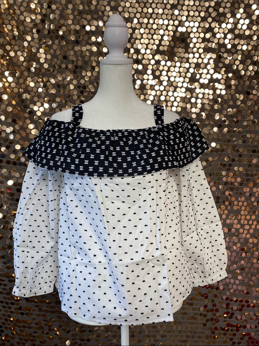 Off-Shoulder White and Black Polka Dot Blouse #1546